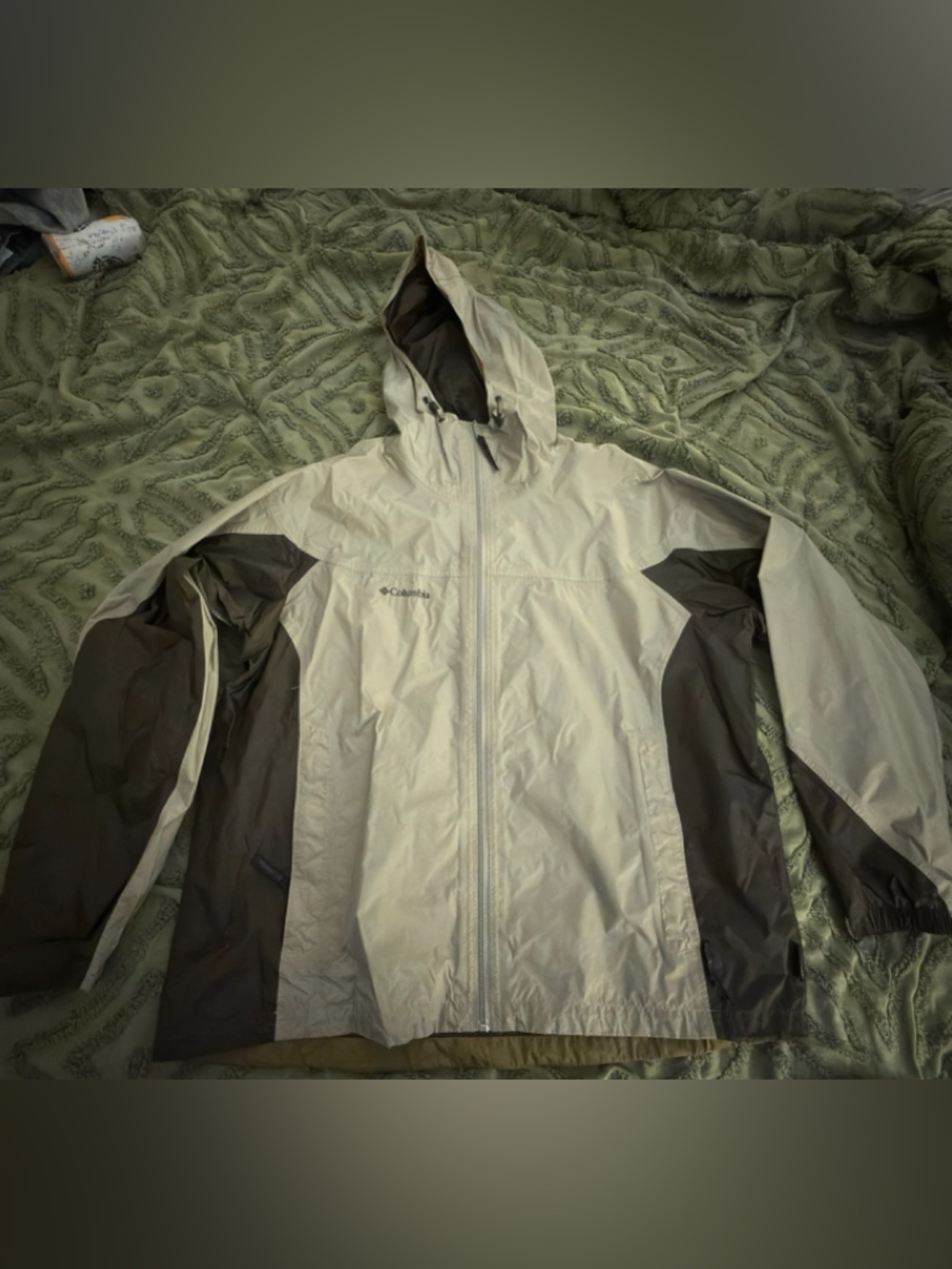 Columbia Men's XL Hooded Rain Jacket - Light Brown and Dark Brown